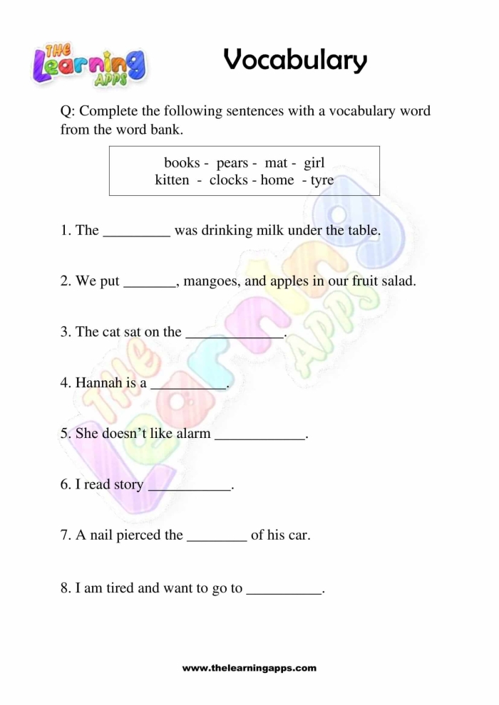 Vocabulary practice test worksheet for first graders to enhance their spelling skills
