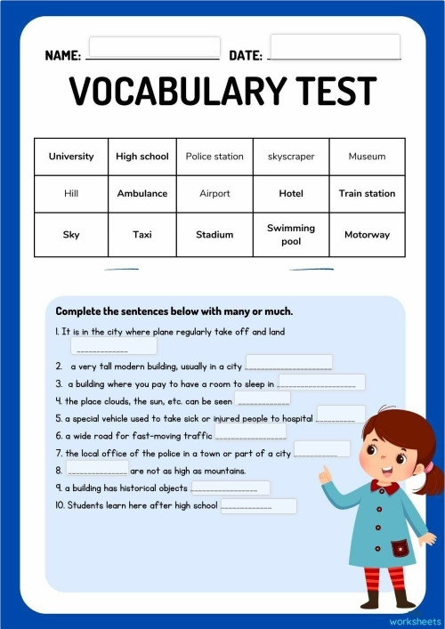 Vocabulary practice test worksheet for first grade students