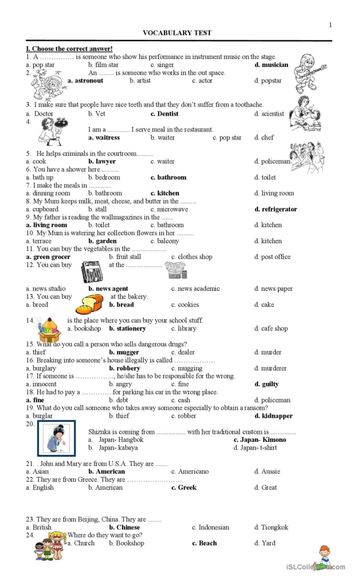 Vocabulary practice test worksheet designed for first graders