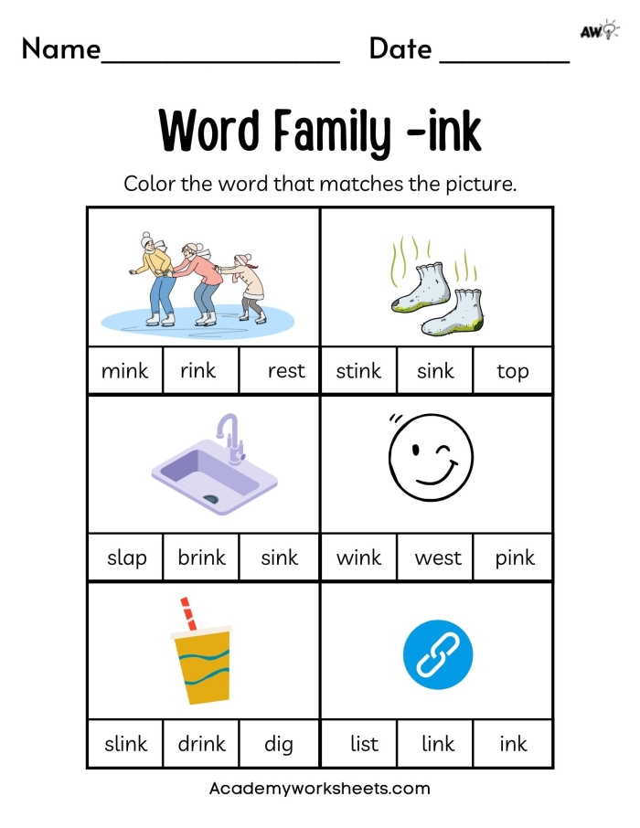 Worksheet featuring the -ot word family to engage first graders in vocabulary learning