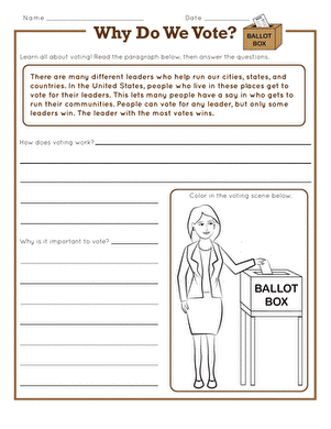 First grade students completing a Why Do We Vote social studies worksheet with reading comprehension activities