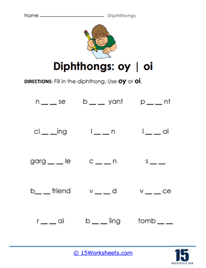 First Grade phonics and spelling activities featuring the diphthong OW Children practicing vowel diphthongs with the OW worksheet in a fun classroom setting