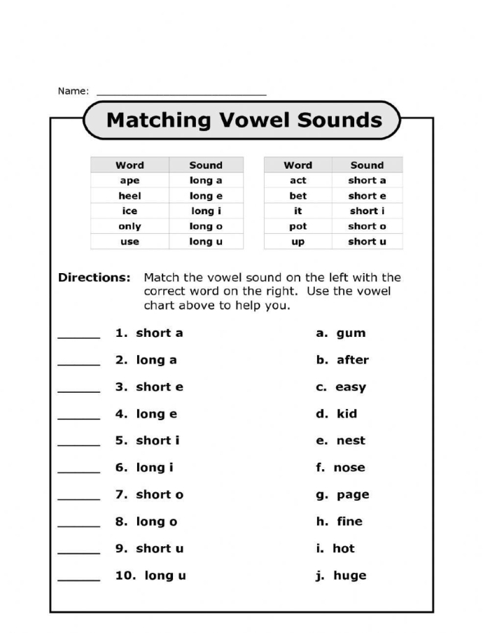 First grade students matching pictures to words with long and short vowel sounds in this interactive phonics worksheet activity