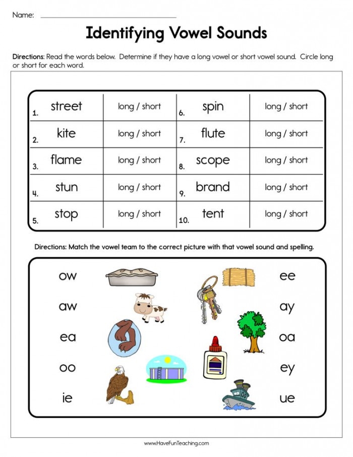 First grade worksheet for matching pictures to long and short vowel sounds