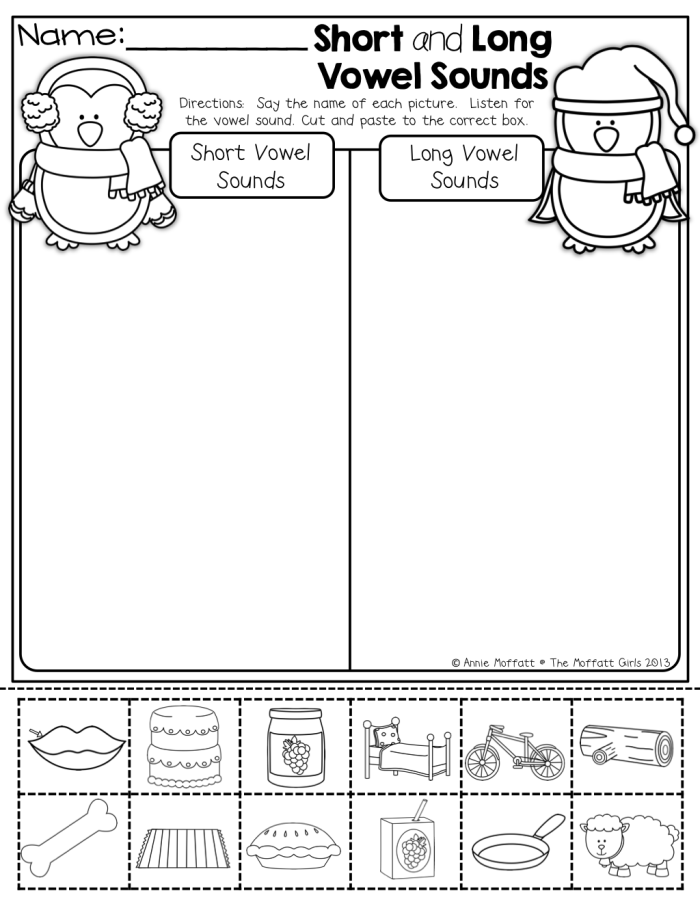 First grade worksheet matching activity for practicing long and short vowel sounds