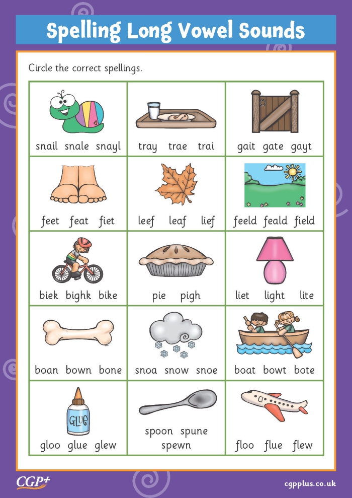 First grade long and short vowel sounds matching activity with pictures and words for reading practice