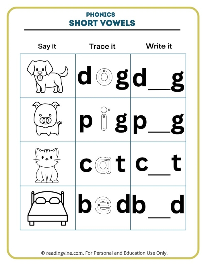 Worksheet featuring a phonics activity to review long and short vowel sounds for first graders