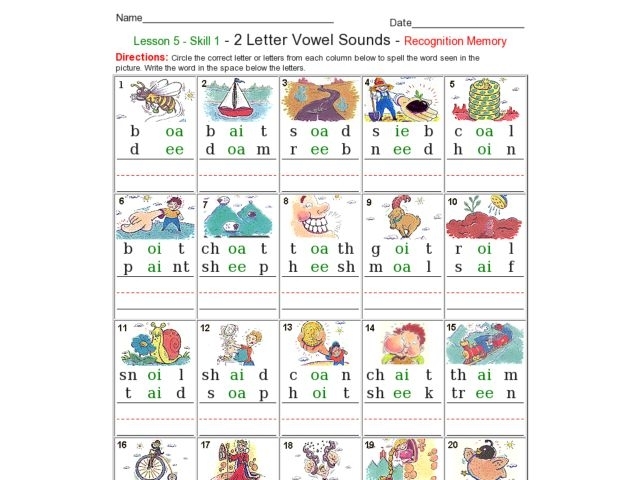 Vowel Sounds evaluation sheet for first grade phonics skills Phonics Practice Test worksheet focusing on vowel sounds for first graders