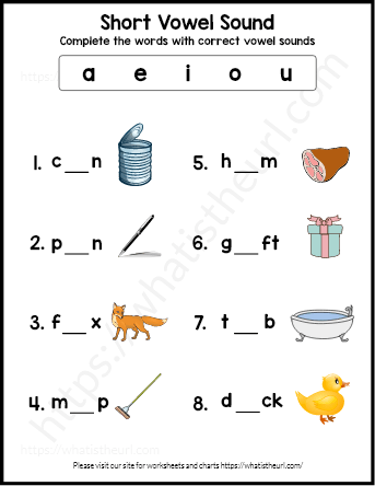 Worksheet for reviewing long and short vowel sounds in first grade phonics