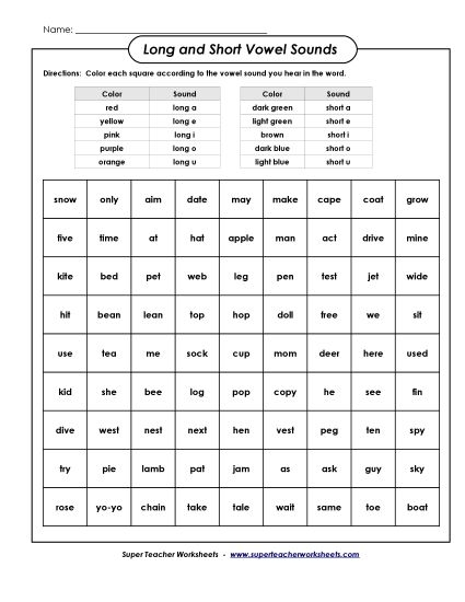 Vowel Sounds evaluation sheet for first grade phonics practice Phonics Practice Test worksheet focusing on vowel sounds for first graders