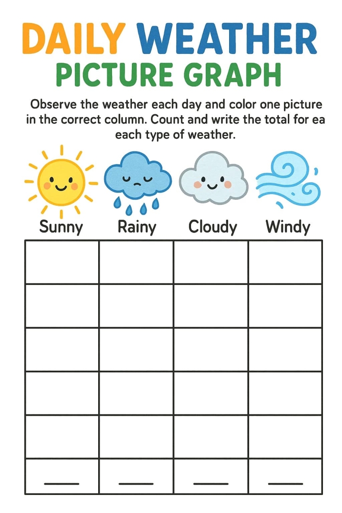 Weather Graph Activity for Primary Learners Image 19 First grade students recording daily weather observations on a colorful fill-in graph worksheet
