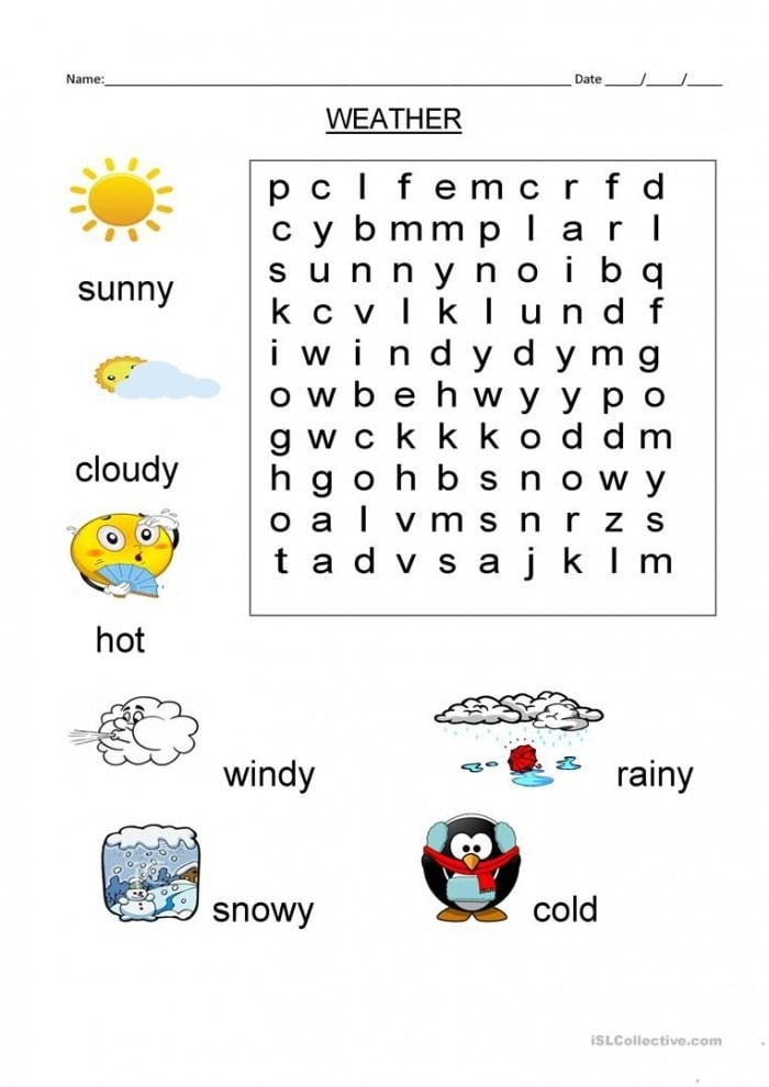 Weather Word Search Puzzle worksheet for first graders featuring climate vocabulary