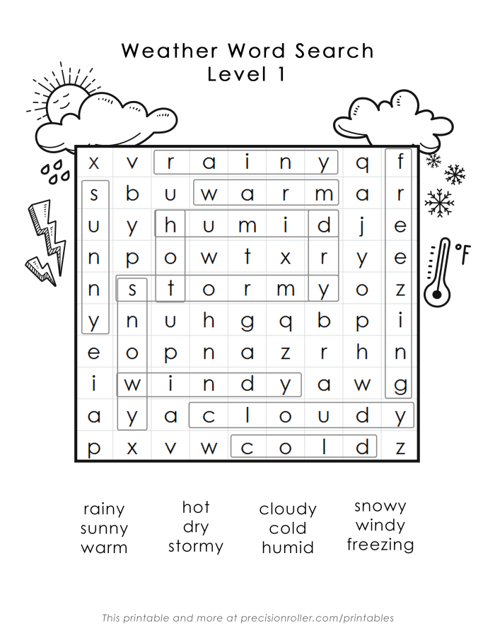 First grade weather word search puzzle worksheet for kids