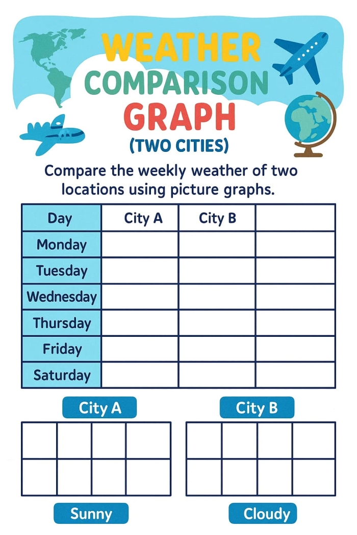 Fill-in weather graph activity sheet for first grade reading practice First grade weather graph worksheet featuring cute illustrations to help students track daily conditions