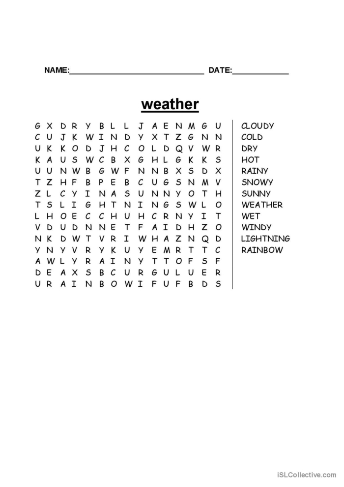 Colorful Weather Word Search Puzzle worksheet for first graders