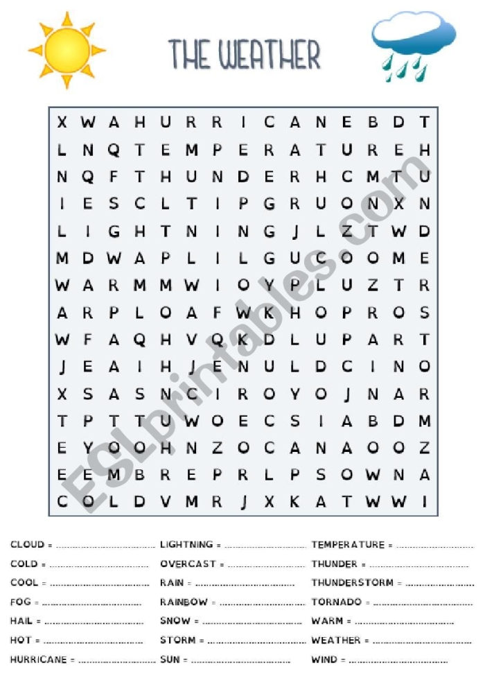 Weather-themed word search puzzle worksheet for first graders