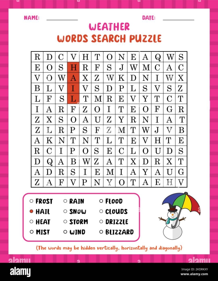First grade student completing a weather word search puzzle worksheet