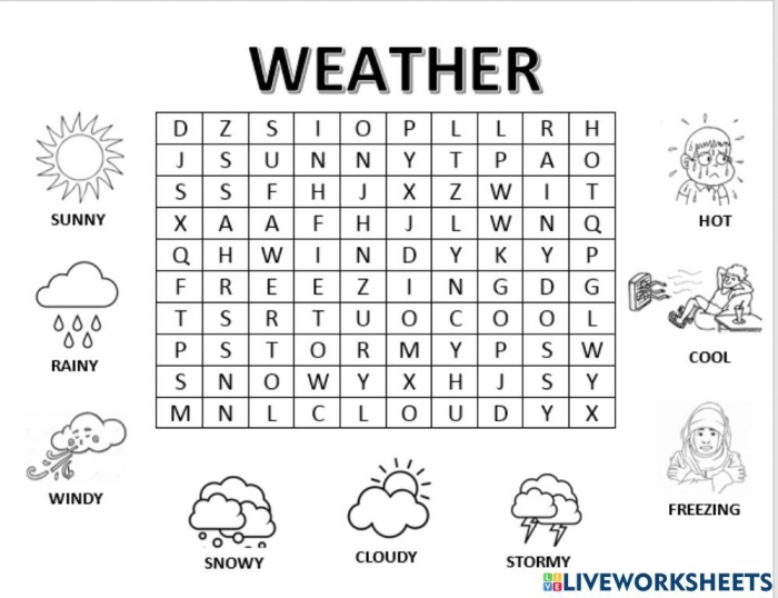First grade weather word search worksheet with meteorological terms for young students