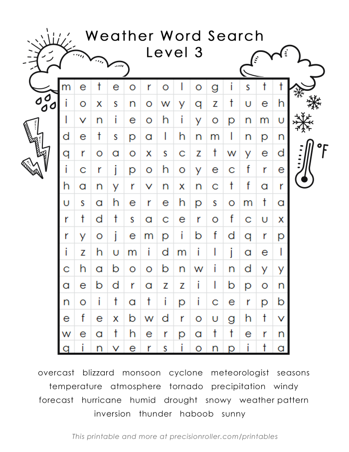 Weather Word Search worksheet designed for first graders exploring meteorology