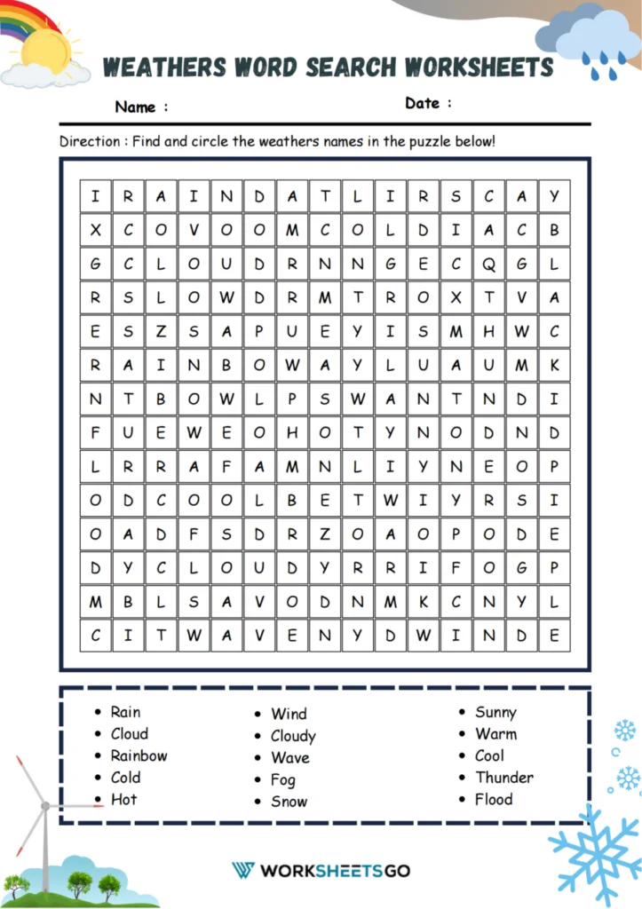 First grade student completing a weather word search puzzle worksheet number 17