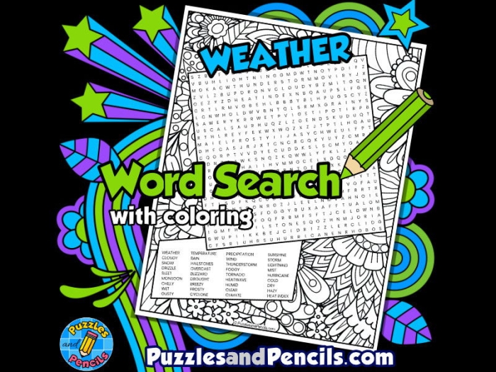 First grade student solving a weather themed word search puzzle to practice reading vocabulary