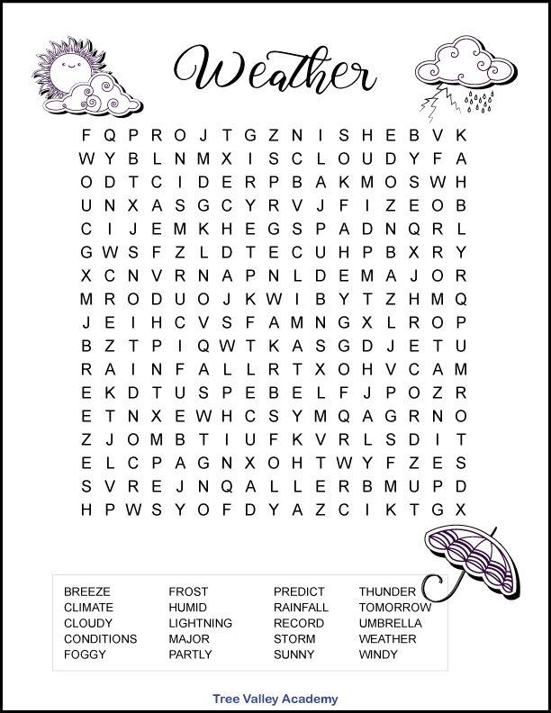 First grade weather word search worksheet for meteorology study