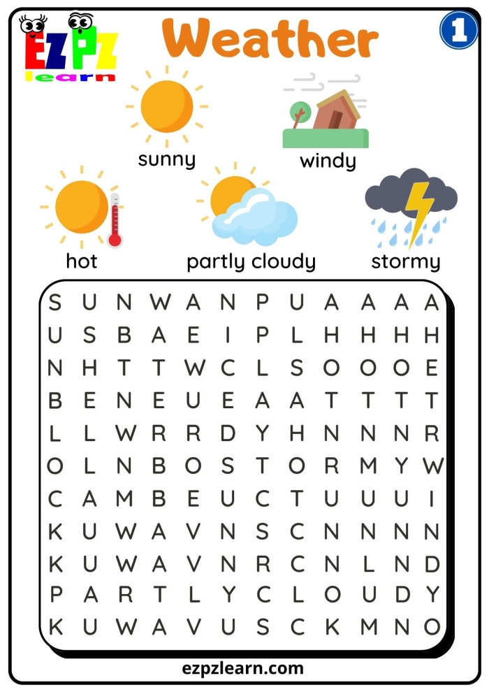 Weather Word Search Puzzle worksheet for first graders featuring climate-related vocabulary