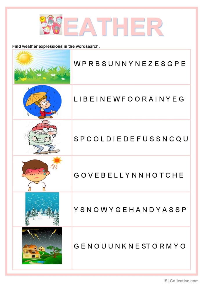 First grade weather word search worksheet featuring various weather terms