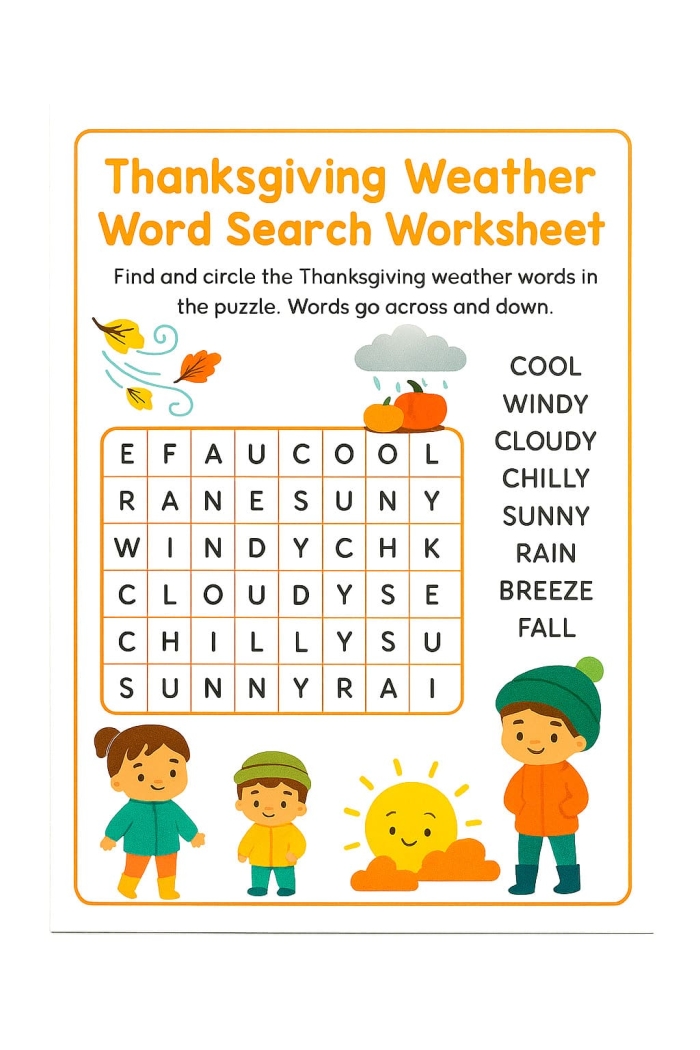 First grade weather themed word search worksheet for meteorology students