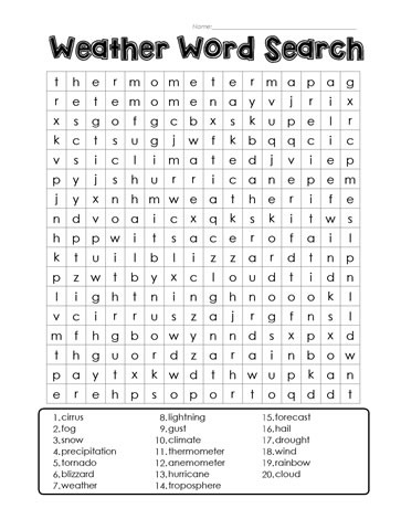First grade weather word search worksheet featuring meteorological terms for kids