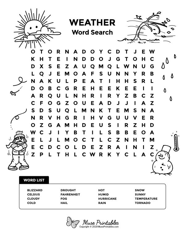 First grade weather word search worksheet featuring meteorological terms