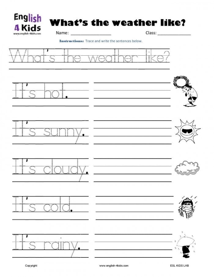 First grade student completing a Write About the Weather worksheet with sentence prompts