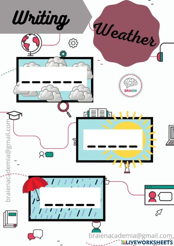 First grade student writing sentences about various weather patterns on a worksheet