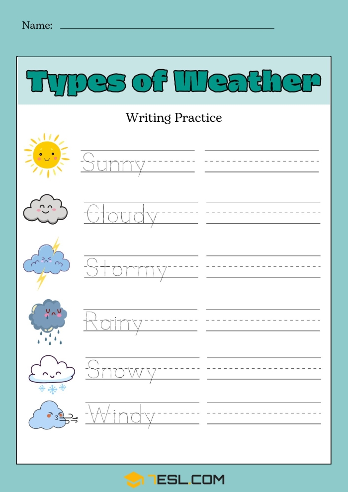 First grade student practicing descriptive writing skills with a Write About the Weather worksheet
