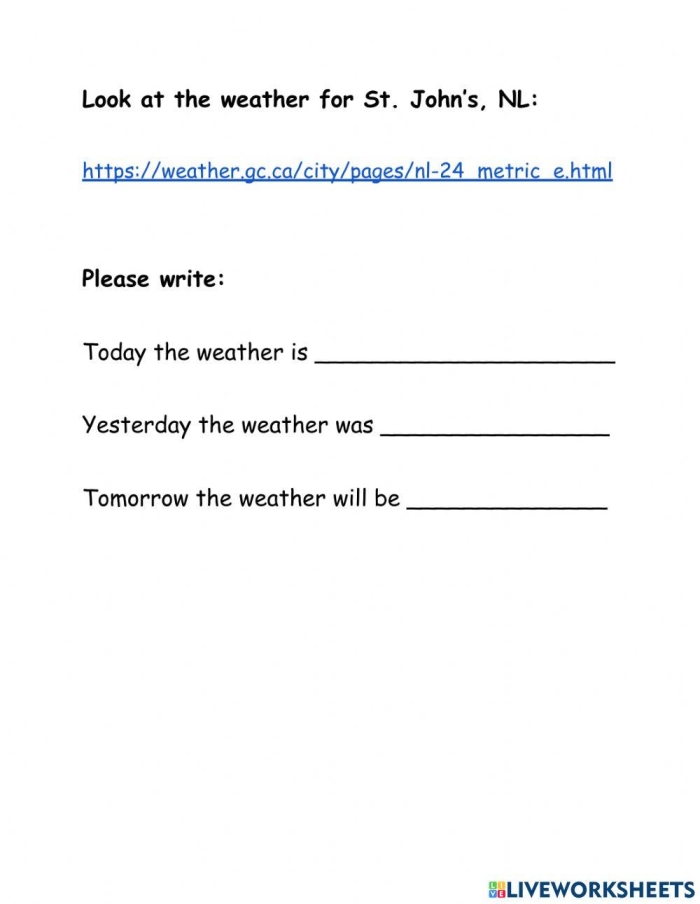 First grade student writing sentences about different weather conditions on a worksheet