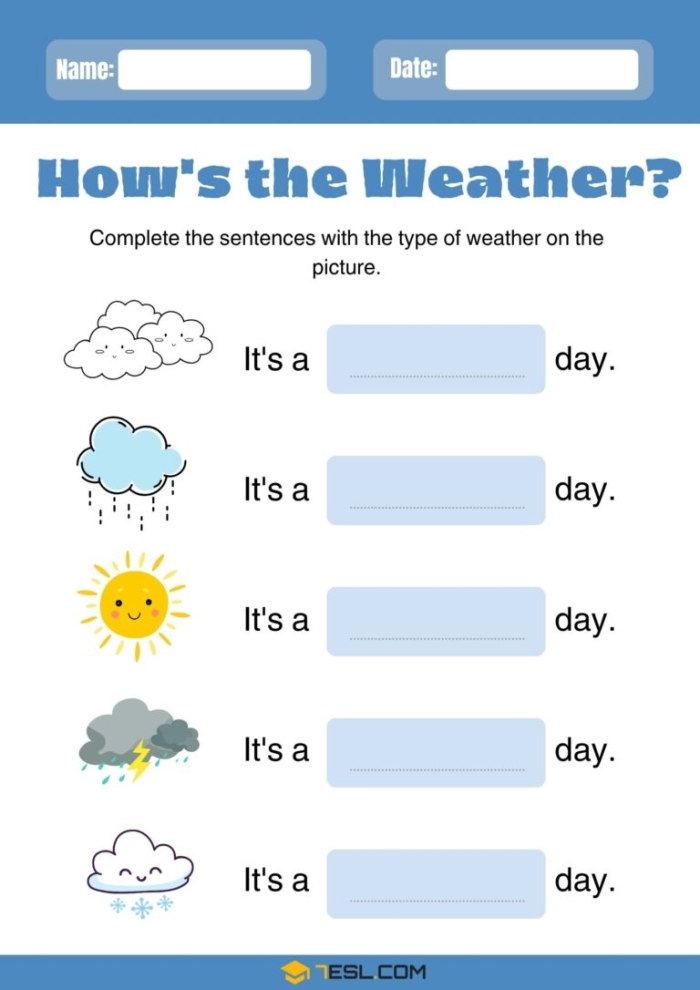 First grade student completing a Write About the Weather grammar worksheet with illustrations
