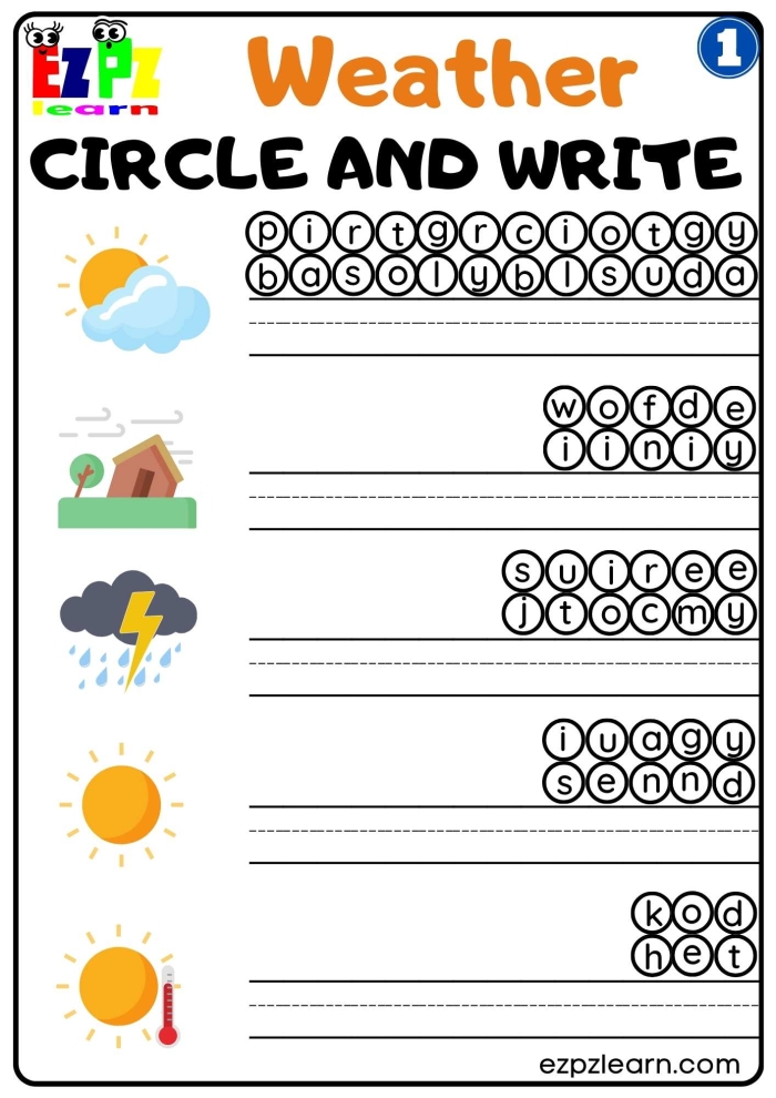 First grade worksheet where students practice writing sentences about different weather conditions