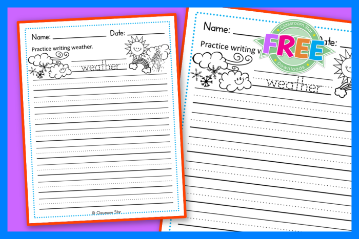 First grade student worksheet featuring illustrations of different weather conditions for writing sentences