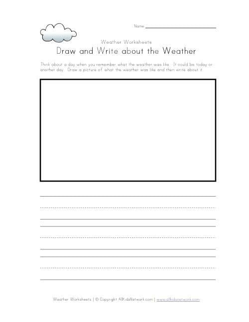 Worksheet for first graders to describe different weather conditions through writing