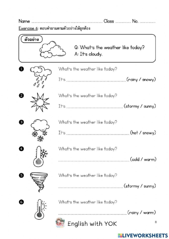 First grade worksheet for students to write sentences about different weather conditions. Engaging activity to enhance grammar and mechanics skills through weather exploration.
