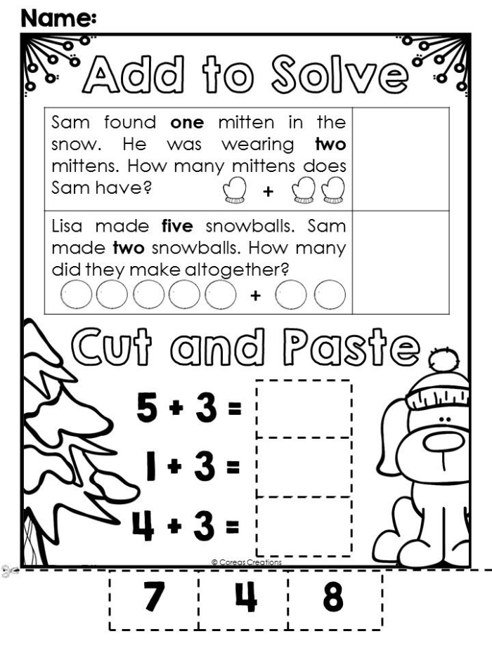 Winter Math worksheet designed for first graders focusing on single-digit addition activities