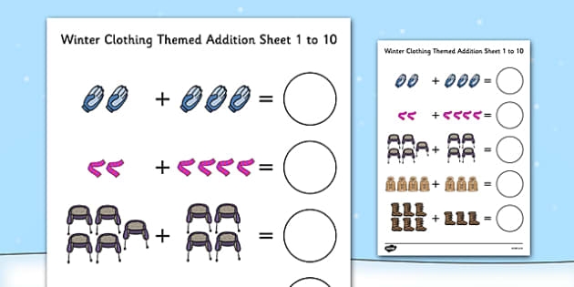 Engaging snow day math activity for first graders focusing on addition and decimals First grade addition worksheet featuring winter-themed single-digit problems with sums up to 9