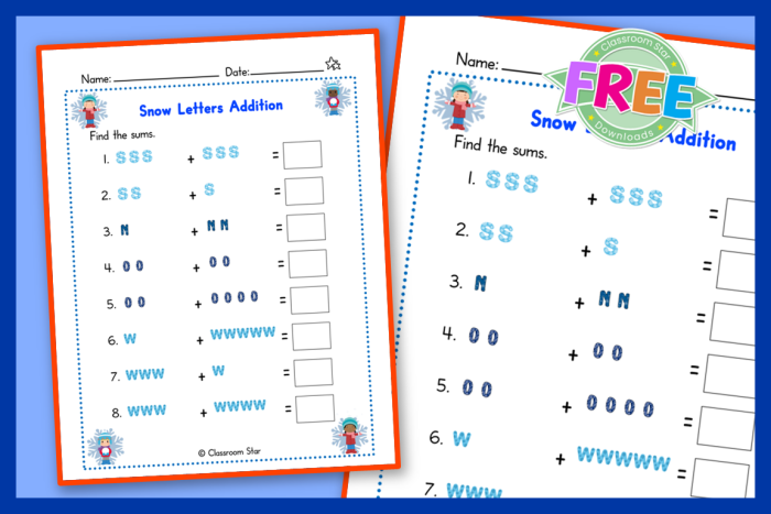 Fun Addition in the Snow worksheet for first graders to practice their math skills on a snowy day First grade addition worksheet featuring winter-themed single-digit problems with sums up to 9
