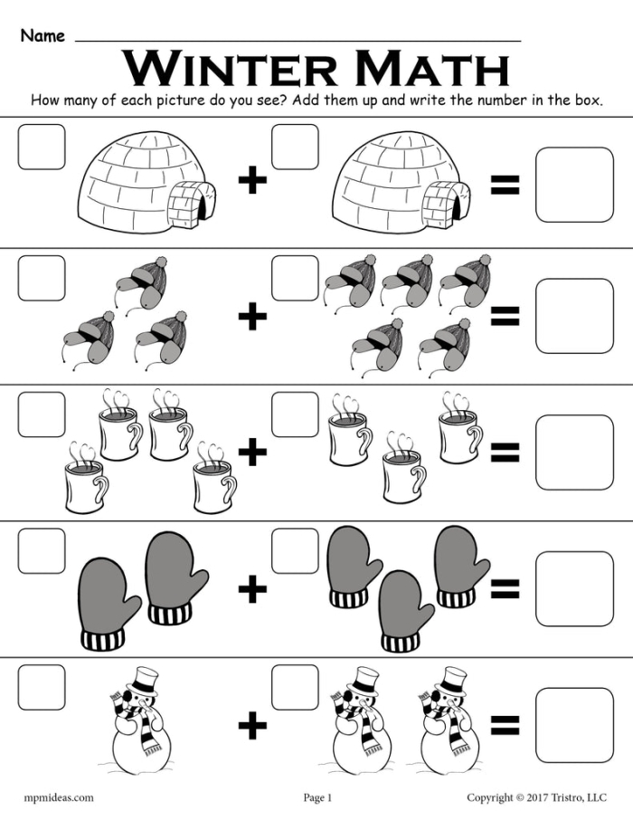 Engaging addition in the snow worksheet for young learners in first grade First grade addition worksheet featuring winter-themed problems with sums up to 9