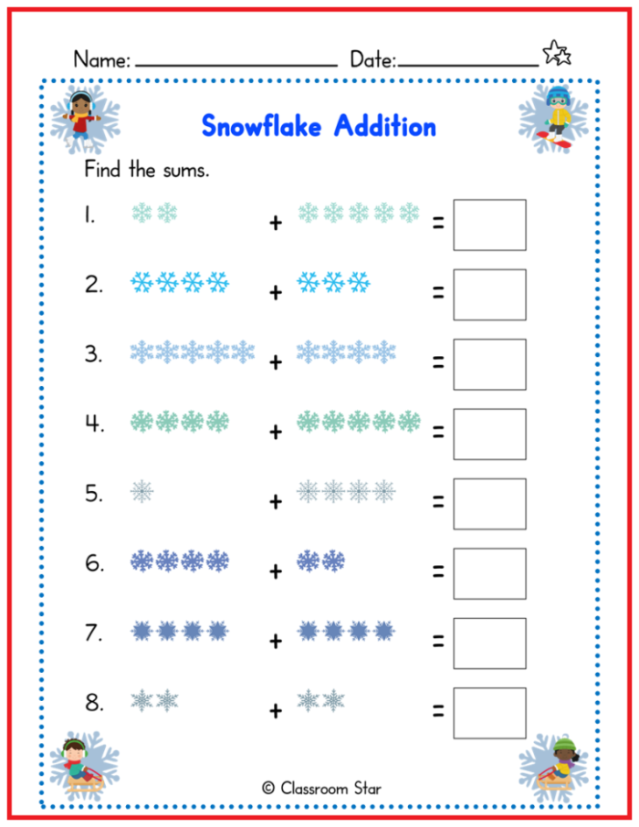 Engaging Addition in the Snow worksheet designed for first graders to practice decimals on a snowy day First grade addition worksheet featuring winter-themed single-digit problems with sums up to 9
