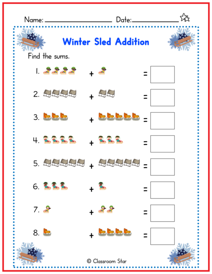 Decimals worksheet for First Grade First grade addition worksheet featuring winter-themed single-digit problems with sums up to 9. Addition in the Snow worksheet for practicing decimals on a snowy day.