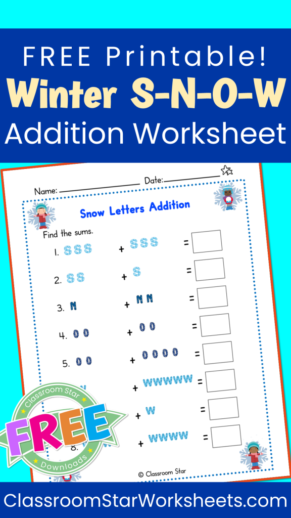 Fun addition in the snow worksheet for first graders focused on decimals First grade addition worksheet featuring winter-themed single-digit problems with sums up to 9