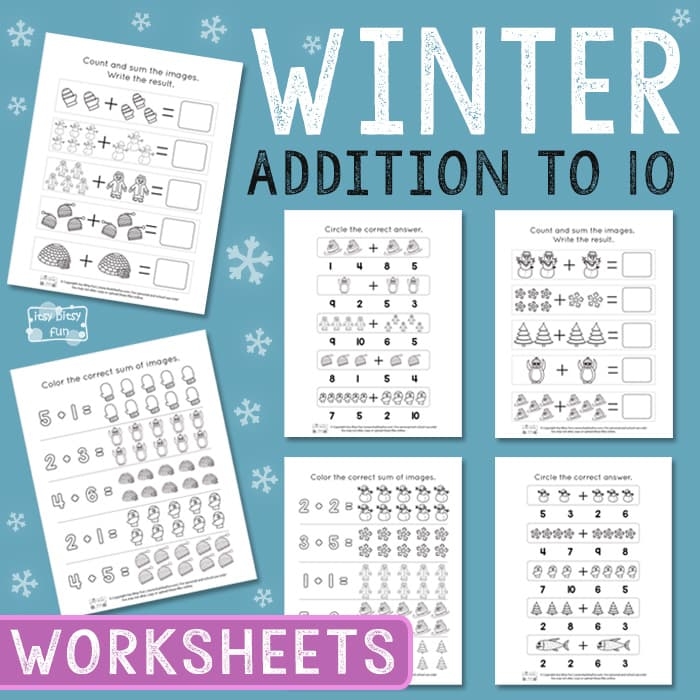 Decimals worksheet for First Grade First grade addition worksheet featuring winter-themed single-digit problems with sums up to 9 for a fun snow day activity. Addition in the Snow worksheet for first graders focusing on decimals and basic math skills.
