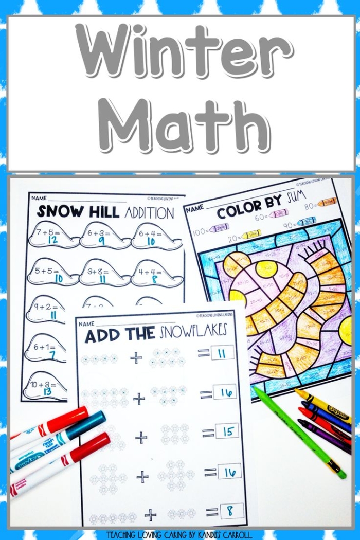 First grade winter math worksheet featuring single-digit addition practice for kids
