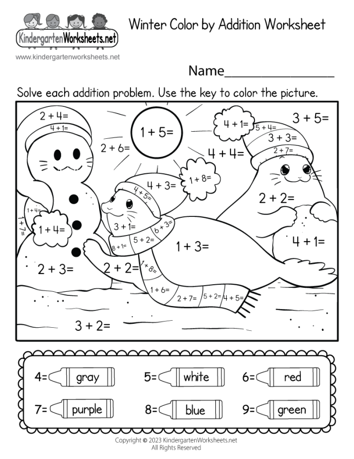 First grade winter themed math worksheet for single digit addition practice